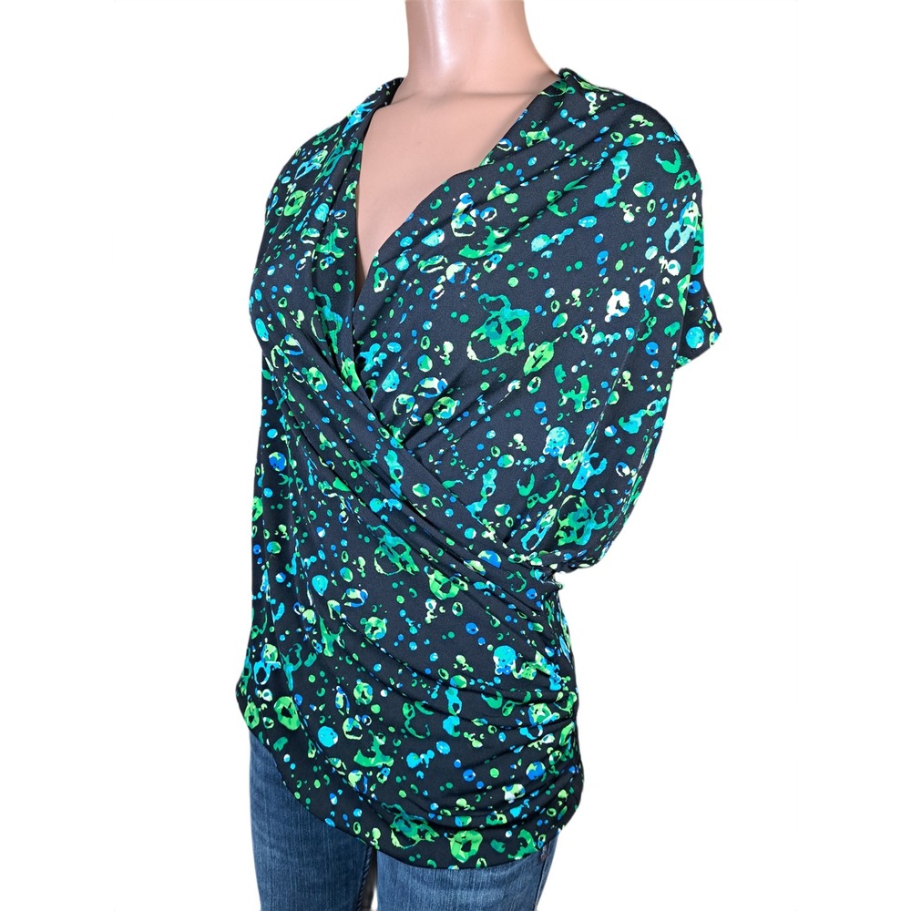 Chaus New York Womens Green Blue Abstract Print Surplice Wrap Top Sleeveless M - Picture 2 of 7